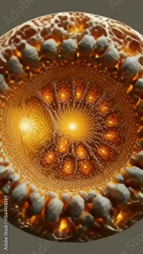The image shows a detailed close-up of a circular, bioluminescent organism with intricate patterns and textures, resembling a complex, glowing mandala.
