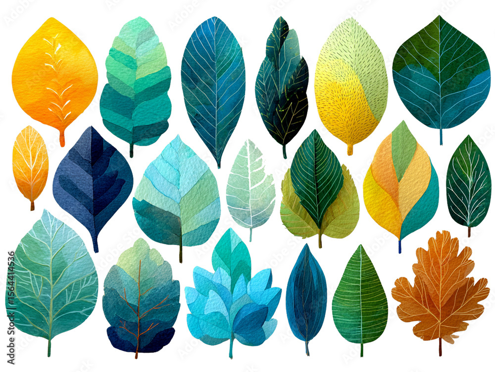Fototapeta premium Watercolor vector leaf set with various shapes and colors, isolated on white background, detailed botanical clipart