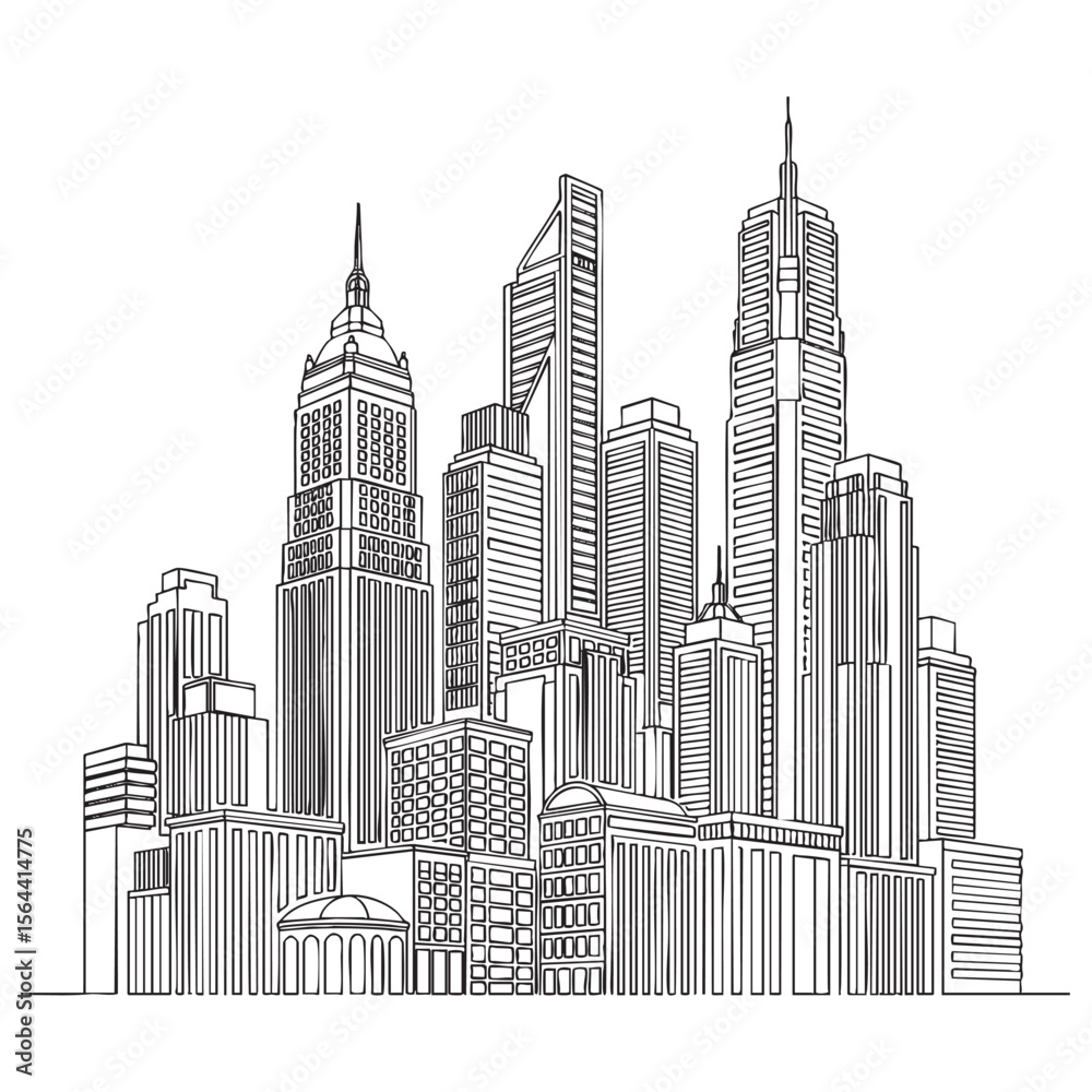 Fototapeta premium City Skyline One Line Art Engraving Vector Illustration