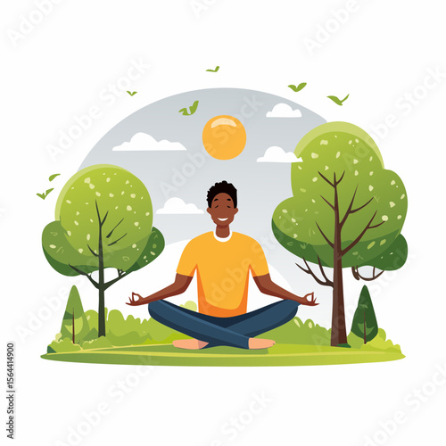Vector illustration of a person meditating in a peaceful forest clearing
