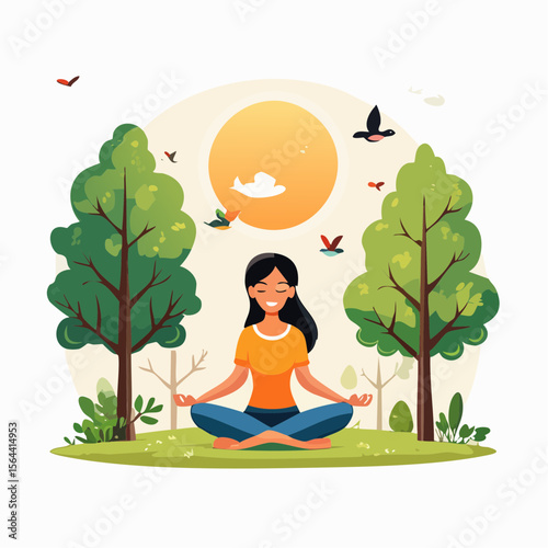 Vector illustration of a person meditating in a peaceful forest clearing