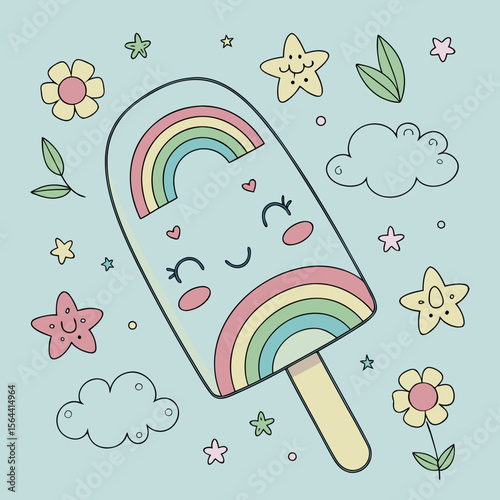 Cute Kawaii Rainbow Ice Cream Popsicle Character with Stars and Flowers