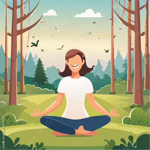 Vector illustration of a person meditating in a peaceful forest clearing