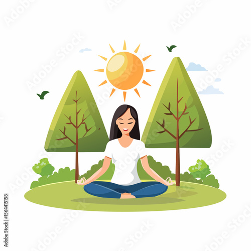 Vector illustration of a person meditating in a peaceful forest clearing