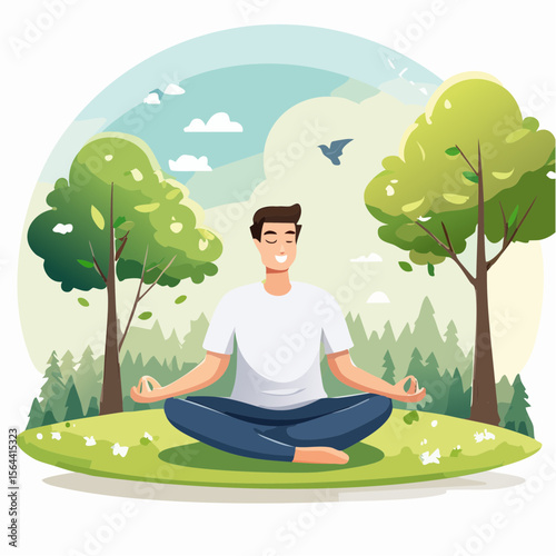 Vector illustration of a person meditating in a peaceful forest clearing