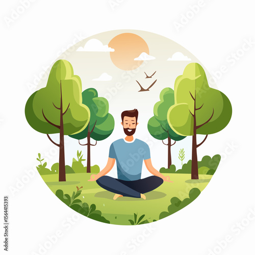 Vector illustration of a person meditating in a peaceful forest clearing
