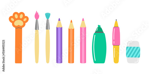 set of school supplies, a paintbrush, bookmarking, pencils, markers, and an eraser, perfect for creative or back to school designs.