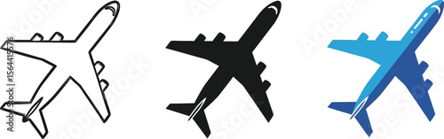 Three airplane icons in different styles on a white background view