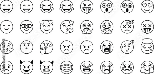 Collection of various line art emoji expressions on a white background