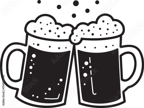 Two mugs of dark beer clinking together with frothy foam and bubbles