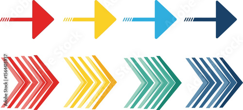 Eight colorful arrows pointing right in two different styles on white