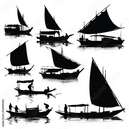 boat silhouette set, Black & White silhouette set 