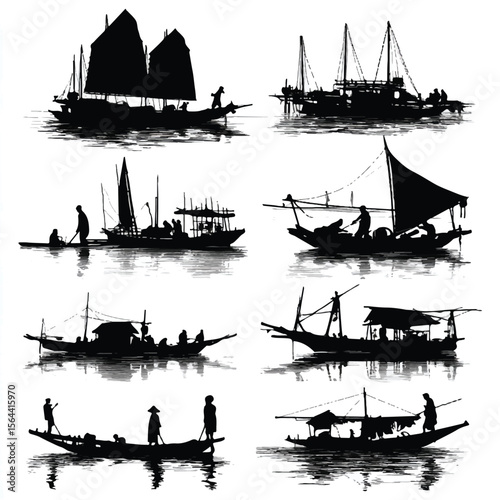 boat silhouette set, Black & White silhouette set 