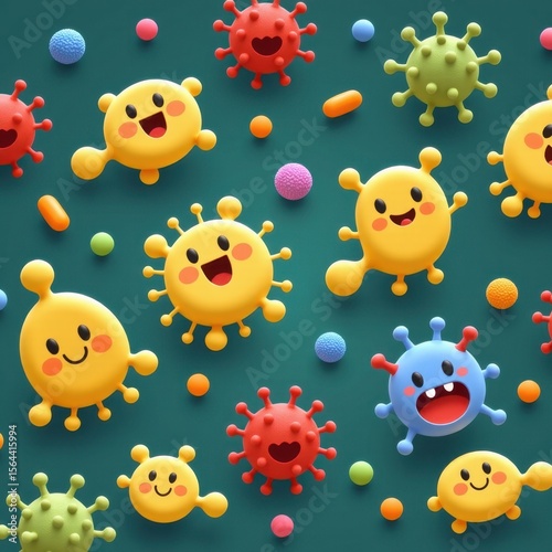 Colorful cartoon virus and bacteria characters with smiling faces scattered on a green background creating a whical and educational illustration for kids.