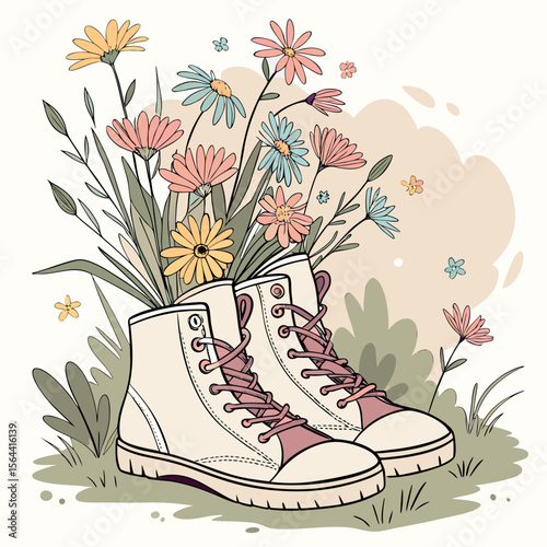 Vintage canvas high top sneakers blooming with wildflowers and grass