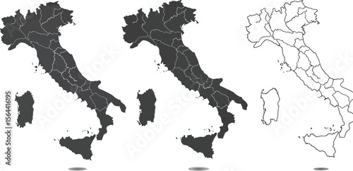 Three variations of italy map showing regions in black and outlines