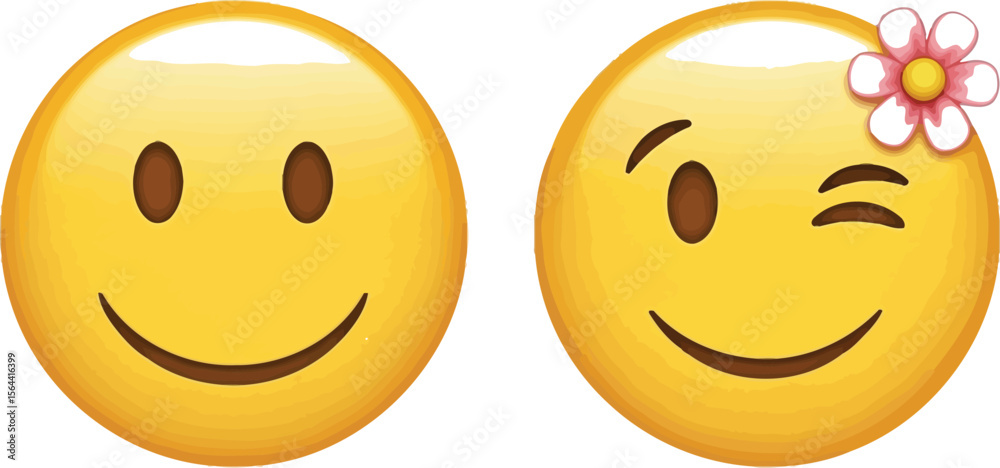Fototapeta premium Two yellow emoji faces one smiling and one winking with a flower emoji
