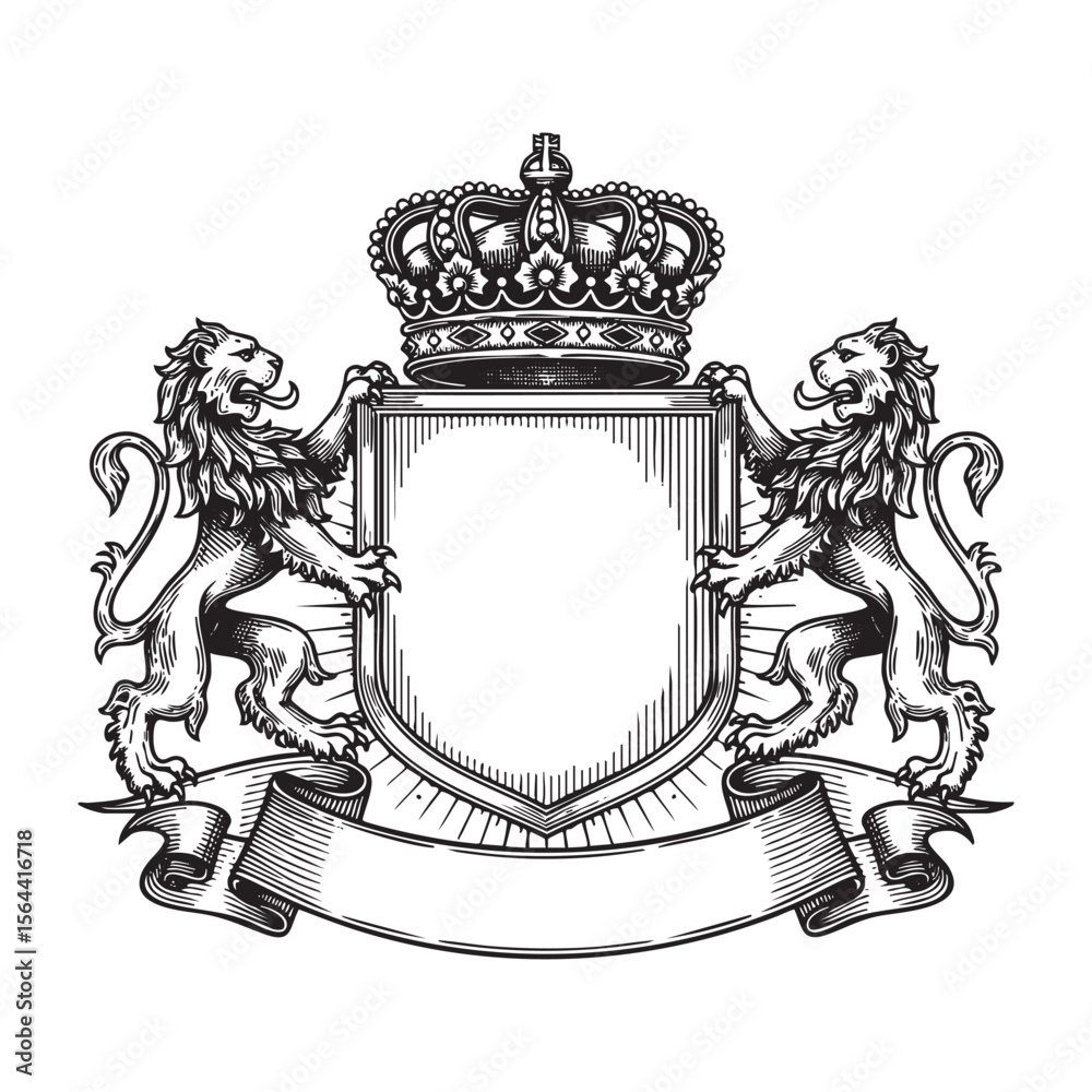 Obraz premium Heraldry in vintage style. Engraved coat of arms with crown and lion