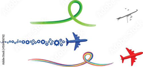 Three airplanes with different colored trails on a white background