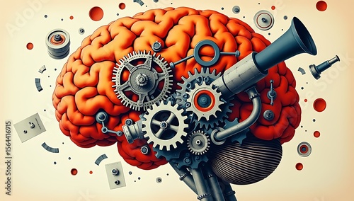 Halftone-styled collage of a human brain with mechanical gears bursting out, symbolizing innovation, mental overload, or cognitive revolution. Stark contrast and layered paper feel.


