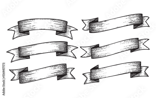 ribbon banner element set engraving vector sketch vintage 