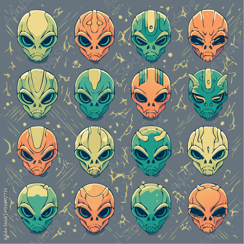 Vector sheet of alien heads in vibrant neon tones. Bold, sharp, and futuristic, ideal for games, sci-fi branding, and character-based UI or design.