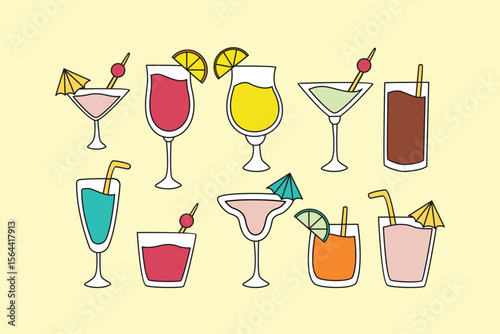 Collection of Hand Drawn Colorful Cocktail Illustrations for Drinks Menu with Outline