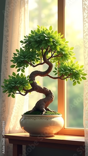 Peaceful digital illustration of a bonsai tree in a ceramic pot placed near a window with soft morning light streaming in. Symbol of balance, care, and patience.

