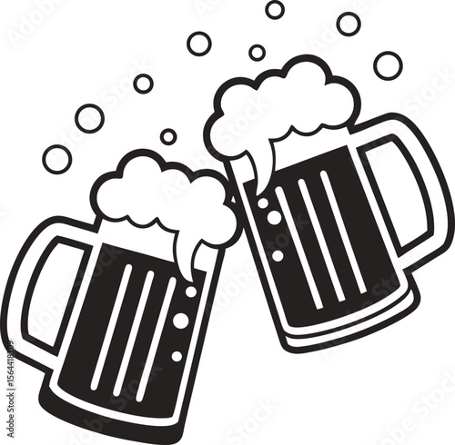 Two frothy beer mugs clinking together with bubbles and foam