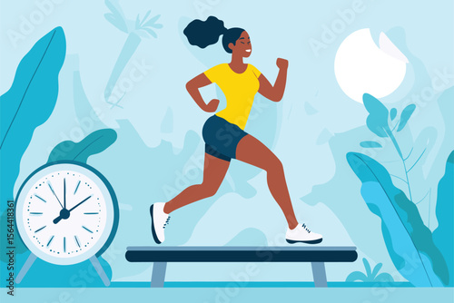 African woman doing HIIT on a fitness step board with timer nearby, dynamic movement scene vector illustration