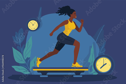African woman doing HIIT on a fitness step board with timer nearby, dynamic movement scene vector illustration