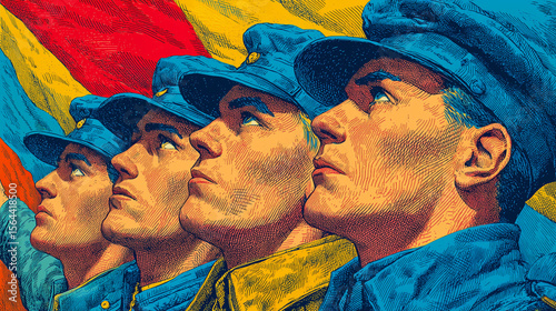Vintage Propaganda Poster Four Soldiers in Profile, Bold Colors, Patriotic Theme