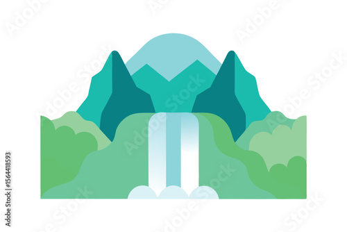 Serene waterfall cascading down verdant mountains, a tranquil nature scene.