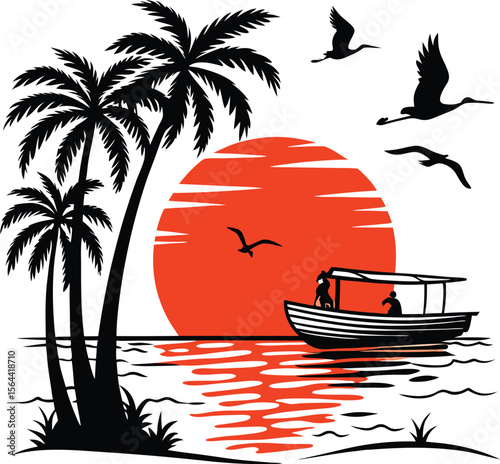 Tropical sunset scene with silhouette of palm trees a boat with people and flying birds over the water isolated on transparent background