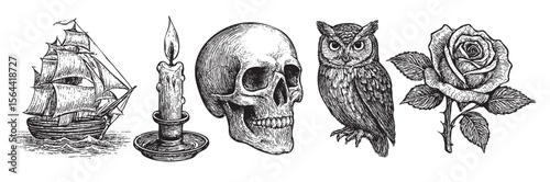 pirate ship, candle, owl, skull graphic element engraving vector illustration