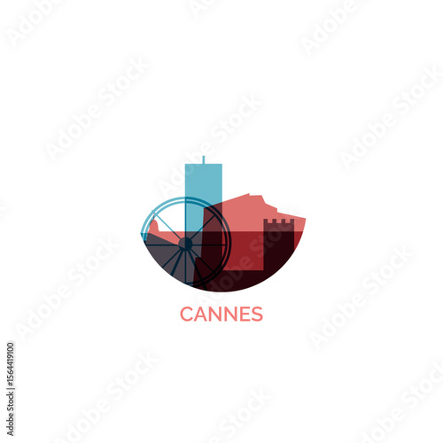 France Cannes city cityscape skyline panorama vector flat modern logo icon. French Riviera town emblem idea with landmarks and building silhouettes