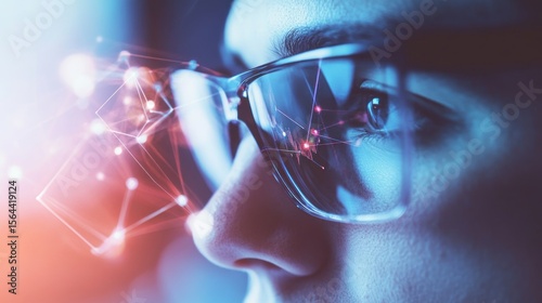 Visionary perspective, Person wearing augmented reality glasses experiencing digital interface