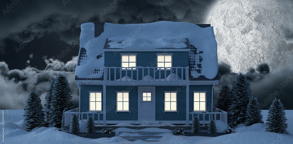 Naklejka premium Moon lighting house coated of snow