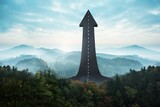 Surreal flat design is showing giant asphalt arrow-road rising through misty forest canopy hills
