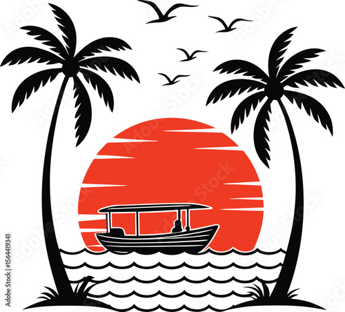 Tropical sunset scene with a boat sailing on the ocean between two palm trees and birds flying overhead isolated on transparent background