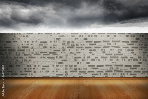 flat design showing interior polished wood floor and whitewashed wall under dark storm clouds
