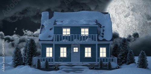 Moon lighting house coated of snow