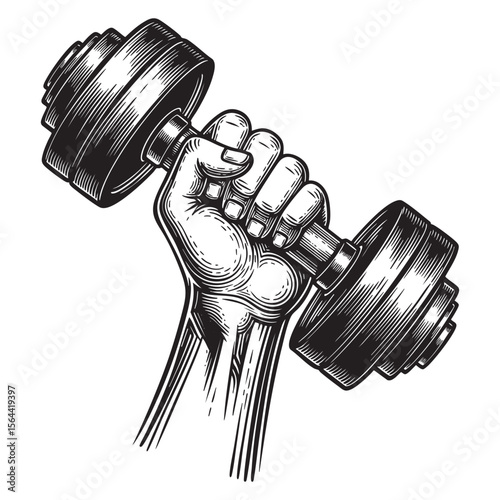 hand holding dumbbell vintage engraving vector illustration
