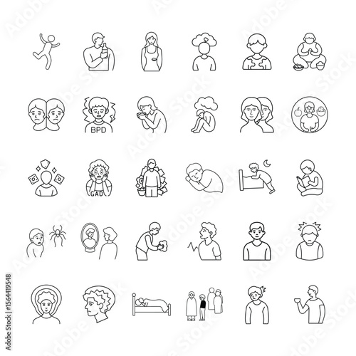  Mental Health and Disorders Line Icons Set. Anxiety, Depression, BPD, Stress, Sleep Issues, Phobia, OCD, GAD, Therapy, and More vector illustration.