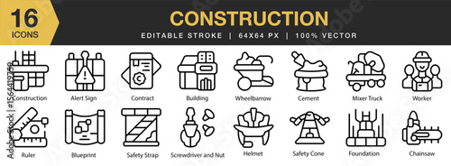 Construction icon set. Editable Stroke Icon Collection. Includes construction, industry, builder, architecture, worker, and More. Outline icons vector collection.