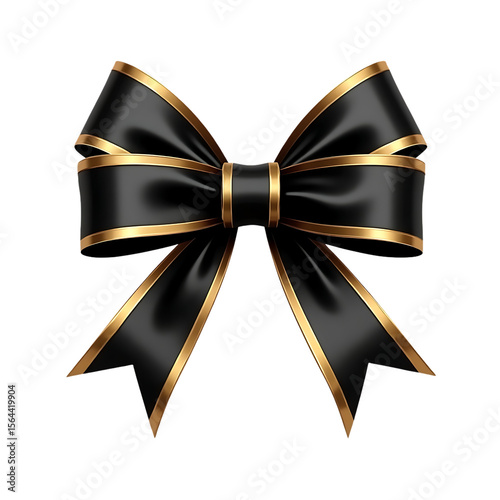 Elegant black ribbon bow with gold trim isolated on transparent background