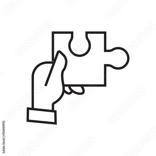 Outline icon of hand placing puzzle piece for decision making and business solution concept. Editable stroke. Vector illustration.