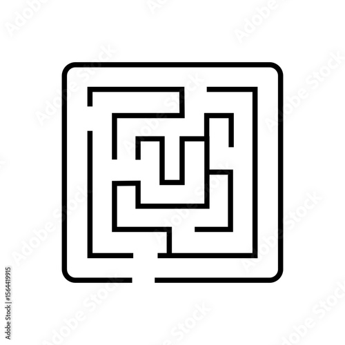 Outline icon of maze with flag symbolizing complex business strategy and goals. Editable stroke. Vector illustration.