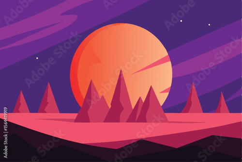Stylized Landscape Illustration of an Alien Sunset with Vibrant Colors and Geometric Peaks in a Dreamscape