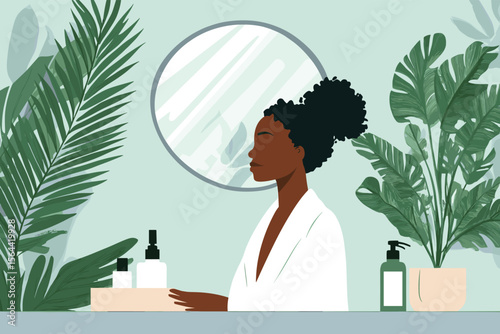 African woman doing skincare routine at home in bathrobe, mirror and plants in background vector illustration
